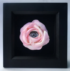 pink fabric rose with blinking grey doll eye peeking out the middle with two tears running down the rose petals, mounted in square black box frame