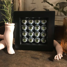 Load image into Gallery viewer, photo showing black frame with 16 green doll eyes lined up inside, the background features dark wood, porcelain doll parts and dried herbs