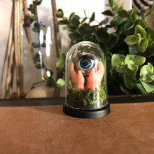 Load image into Gallery viewer, gothic homeware trinket, outsider artist- jawline jewellery. dome with black plastic base, creepy blinking eyeball and doll arms. oddity artwork curiosity collection. strange and unsual