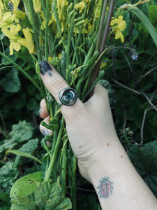 close up of eye being worn on thumb with foliage in the background and yellow flowers